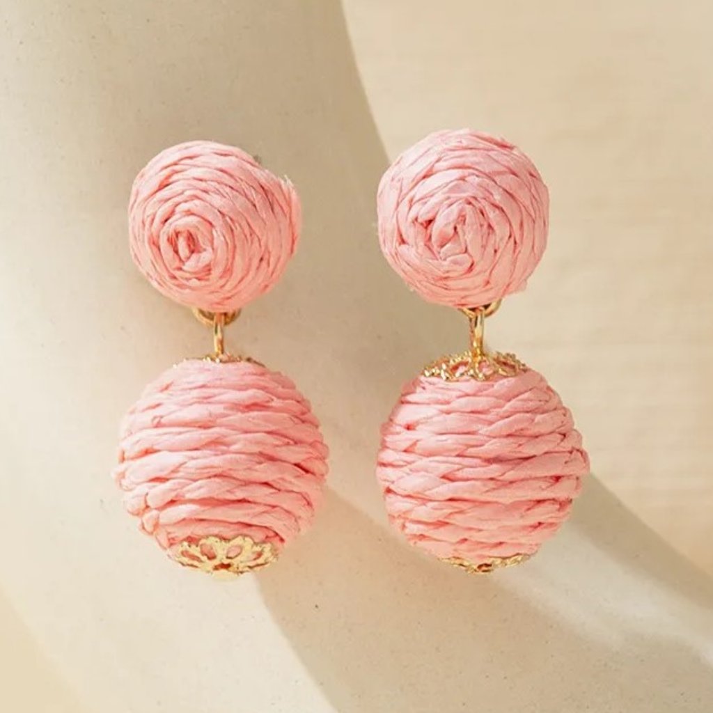 Light Pink Gold Raffia Rattan Tropical Boho Lantern Dangle Earrings New 17$